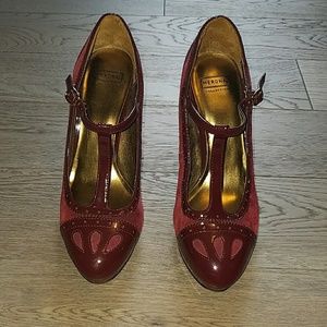 Wine suede and patent spectator t-strap heels